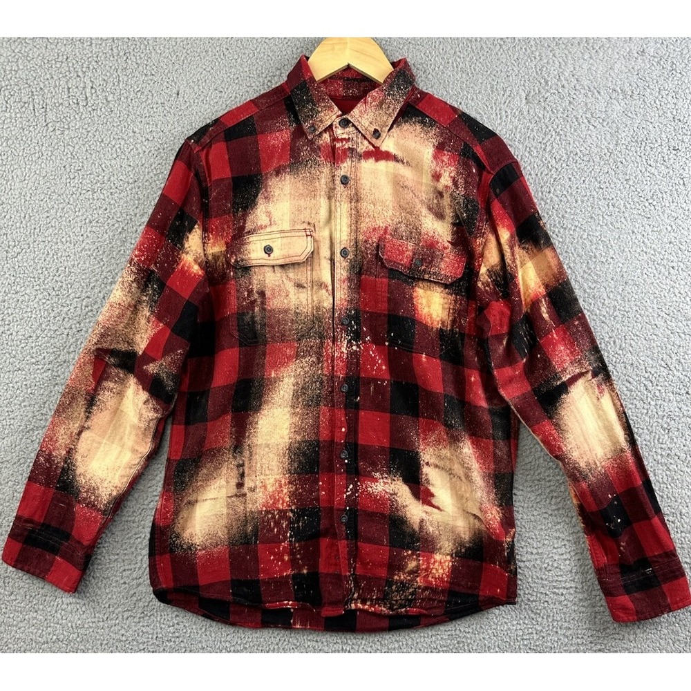 George Bleached Flannel Shirt Mens M Medium Buffalo Plaid Upcycled MN Patch